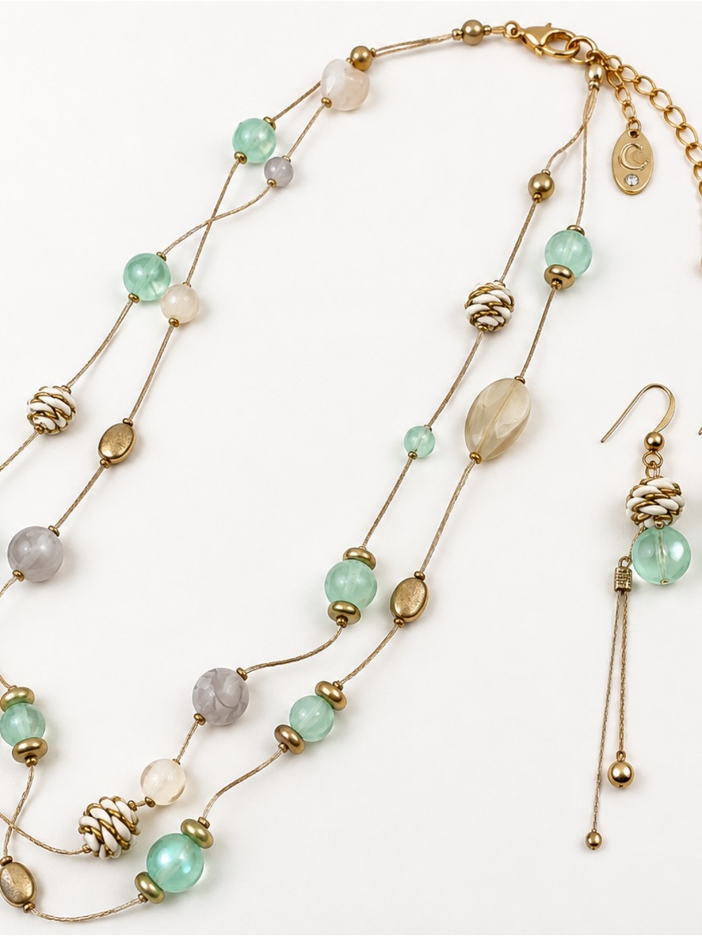 Vintage Long Multi Strand Aqua Green Beaded Necklace & Earring Set